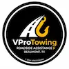 Circular towing service logo for VProTowing in Beaumont, TX, featuring a gold tow hook and white road icon on a black background.