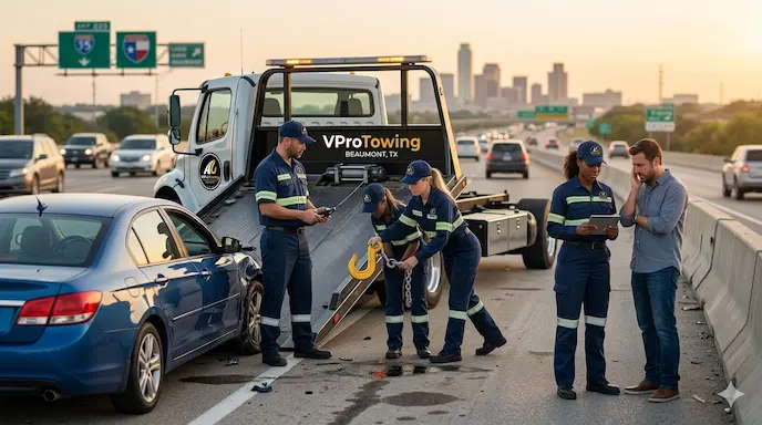 Professional VPro Towing crew using a flatbed tow truck to recover a damaged blue sedan on a Beaumont highway with the city skyline in the background.