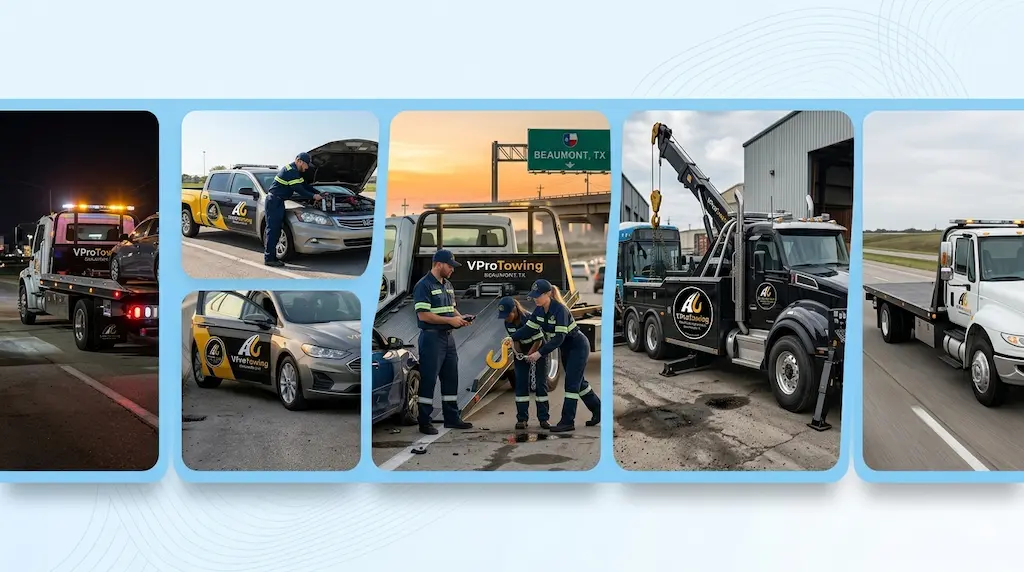 A collage of images showcasing VProTowing services in Golden Triangle, and all nearby areas of Beaumont, TX, including night towing, roadside battery jumps, highway accident recovery, and heavy-duty towing.