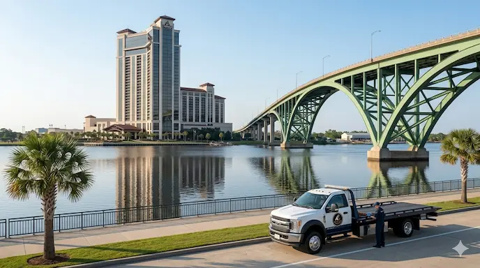 A professional white flatbed tow truck parked on a Lake Charles waterfront road with the L'Auberge Casino Resort and the green Calcasieu River Bridge in the background. Representing Towing Service Lake Charles LA .