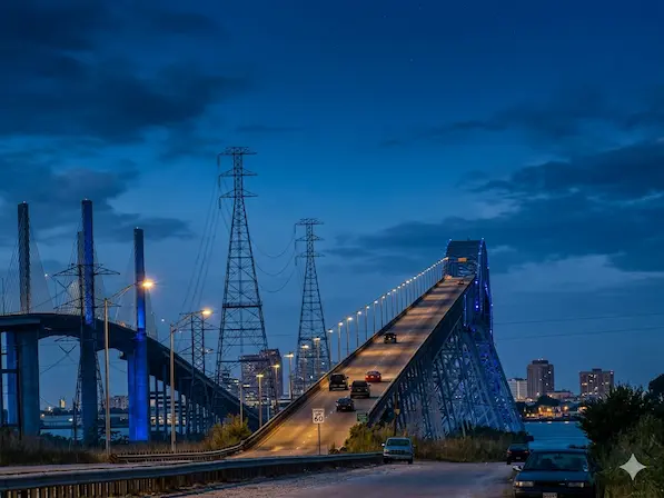 The illuminated Rainbow Bridge at night with traffic, serving as a landmark for V Pro Towing’s emergency service area in Port Arthur and Bridge City, Texas.