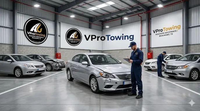 V Pro Towing professional staff inspecting damaged silver sedans inside a clean, branded vehicle storage and recovery warehouse in Beaumont, Texas.