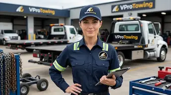 A professional V Pro Towing female manager in uniform holding a tablet, standing in front of the company’s Beaumont, TX service bay and tow trucks.