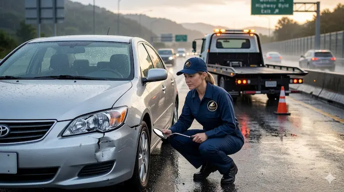 VPro Towing emergency response team assessing a silver sedan after a rainy highway accident in Beaumont, Texas, preparing for flatbed recovery.