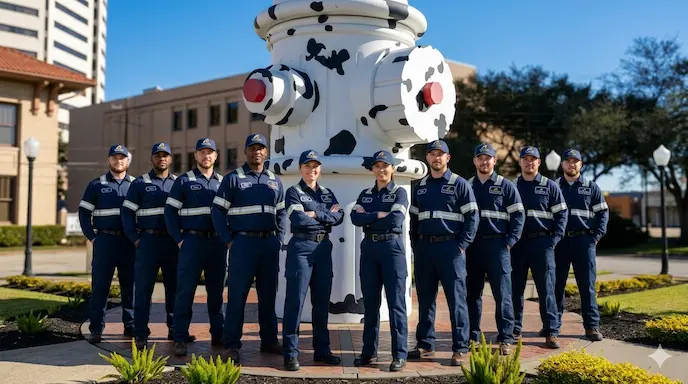 The professional V Pro Towing team in uniform standing proudly in front of the dalmatian-spotted giant fire hydrant in Beaumont, Texas. The Best Team of the Best Towing Services in Golden Triangle.