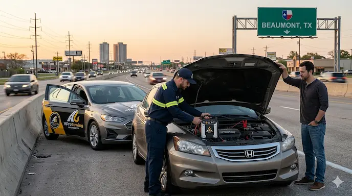 VPro Towing roadside assistance technician performing a battery jump-start on a Hond City for a stranded driver on a Beaumont, Texas highway. Best Jump Start Service in Beaumont TX.