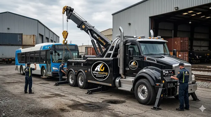 A VPro Towing heavy-duty wrecker truck successfully recovering a large commercial semi-truck on a Beaumont highway during the day. Performing the duty on heavy duty towing in Beaumont, tx.