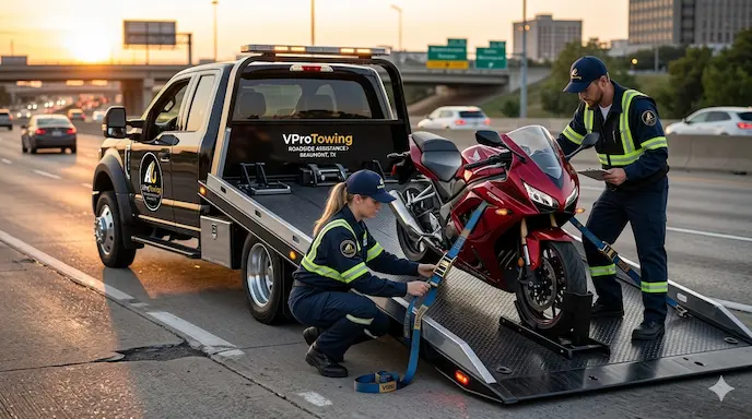 V Pro Towing specialists securing a red sport motorcycle on a flatbed tow truck using soft-strap tie-downs in Beaumont, Texas.