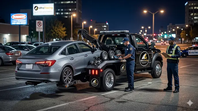 A VPro Towing wheel lift truck using a hydraulic yoke to securely lift the front wheels of a white sedan for rapid roadside recovery in a Beaumont parking area.