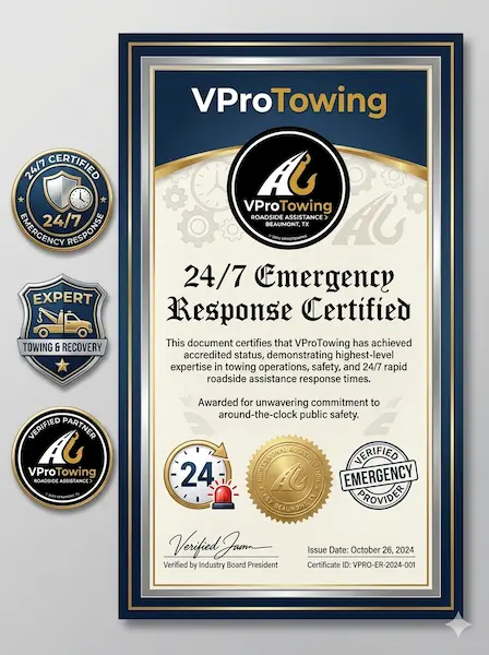 Official VProTowing 24/7 Emergency Response certification document and metallic industry badges.