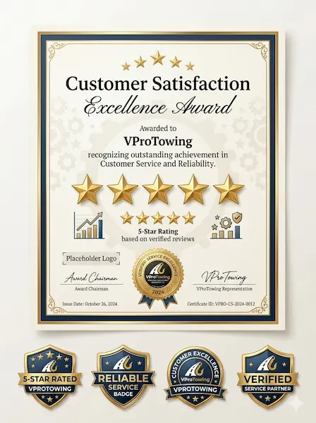 VProTowing Customer Satisfaction Excellence Award certificate featuring a 5-star rating icon and four gold-and-navy metallic service badges.