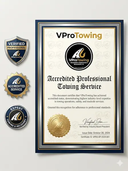 VProTowing professional accreditation certificate with industry-standard towing and recovery badges, including a gold seal and verified signature.