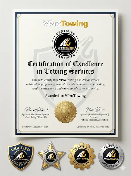 An official VProTowing Certification of Excellence document accompanied by four metallic industry badges for verified service, certified technicians, and trusted roadside assistance.