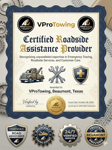 At VProTowing, our dedication to excellence is certified. We uphold the highest standards for emergency towing, technical skill, and customer support in Beaumont, TX.