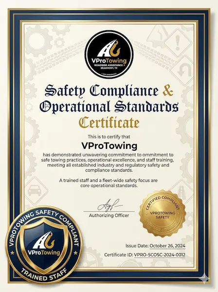 Your safety is our priority. VProTowing is fully certified in the latest industry safety standards and operational protocols to ensure every tow is handled with professional care.