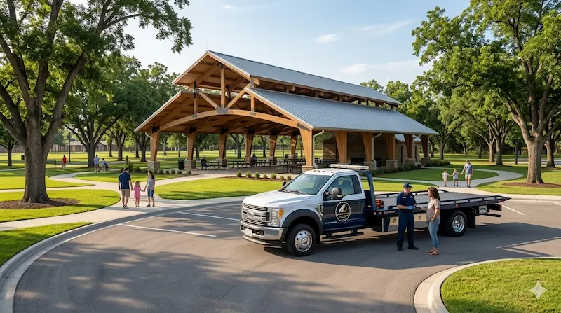 A professional white and blue flatbed tow truck parked at a park entrance in Groves, Texas, featuring a large wooden pavilion and families walking in the background. Towing Service in Groves, Tx.