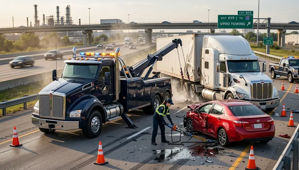A dark blue VPro Towing heavy-duty wrecker performing an accident recovery of a semi-truck and a damaged red sedan on I-10 in Beaumont, Texas. Accidental Emergency Towing Service in Beaumont, Tx.