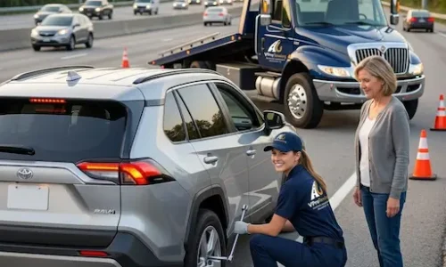 A female V Pro Towing technician professionally changing a flat tire on a silver SUV on a Beaumont highway.