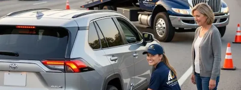 A female V Pro Towing technician professionally changing a flat tire on a silver SUV on a Beaumont highway.