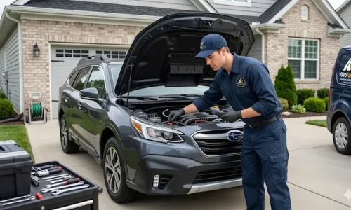 V Pro Towing technician performing on-site engine diagnostics and roadside repair on a grey SUV in a residential driveway in Beaumont. It is a Free Vehicle Inspection Beaumont TX for our respectable customers before long journey.