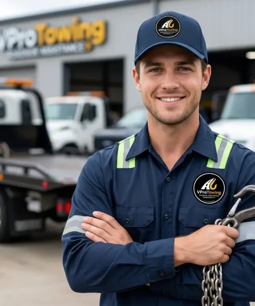 A smiling employee of Affordable Towing Service in Beaumont, TX | Tow a Car 24/7 in Beaumont TX, in a navy uniform holding a tow chain, standing in front of a fleet of white tow trucks and a service building in Beaumont, Texas.