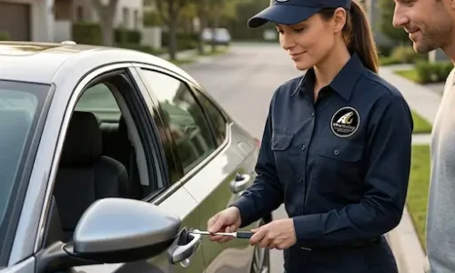 A professional VPro Towing technician using specialized tools to safely unlock a silver car door for a customer in a residential Beaumont neighborhood.