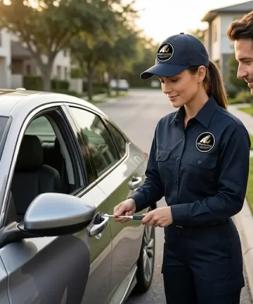 A professional VPro Towing technician using specialized tools to safely unlock a silver car door for a customer in a residential Beaumont neighborhood.